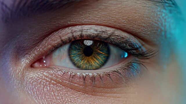 Close up macro shot of a human eye with green iris and reflections.