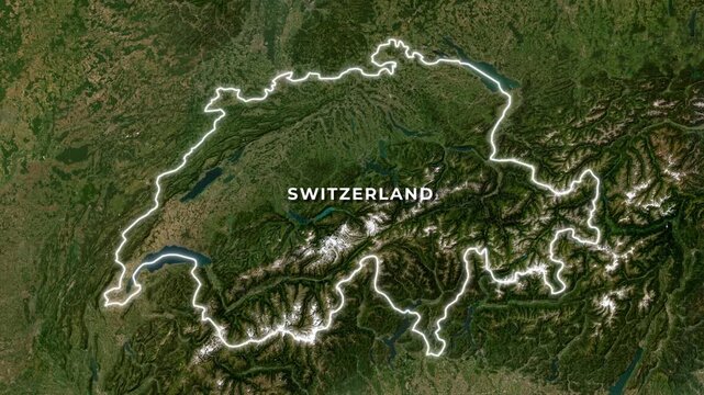 Switzerland Map With Glowing National Border On Satellite Terrain