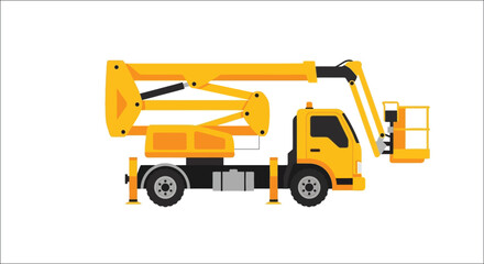 Yellow aerial work platform truck side view illustration © Baby Collection