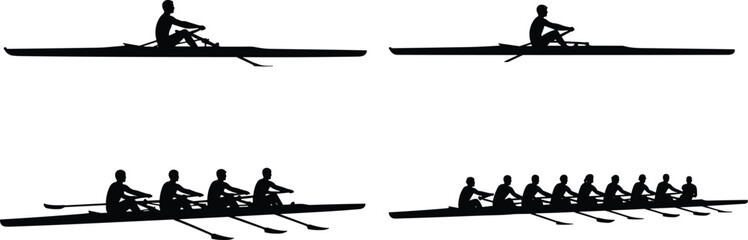 Professional rowing silhouettes set featuring single scull athletes four man crew and eight person team with coxswain for competitive water sports and regatta training © MSTMUNMUN