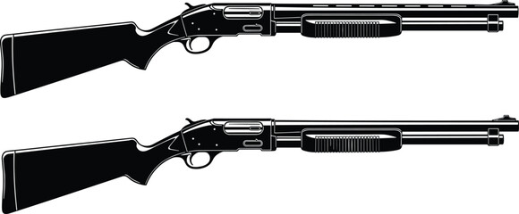 Pump action shotgun silhouettes side view set isolated black vector illustration showing classic hunting firearm design, tactical weapon concept, and shooting equipment for security or sport © MSTMUNMUN