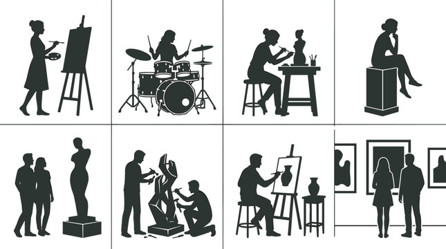 Artist and museum people silhouettes set showing painting sculpting drumming gallery exhibition creative activity vector
