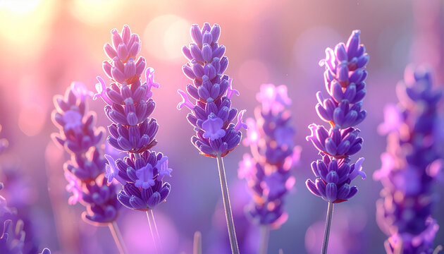 Close up of lavender flowers bathed in soft sunlight for nature background