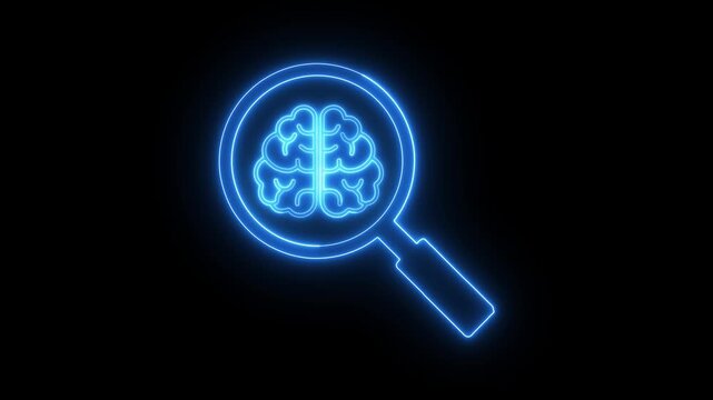 Brain analysis search icon. Artificial intelligence and data analysis concept with magnifying glass and brain symbol.