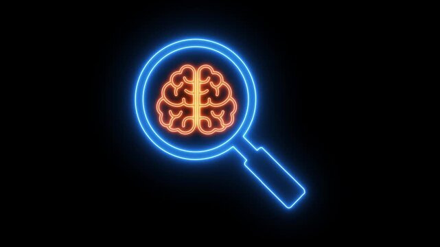 Brain analysis search icon. Artificial intelligence and data analysis concept with magnifying glass and brain symbol.