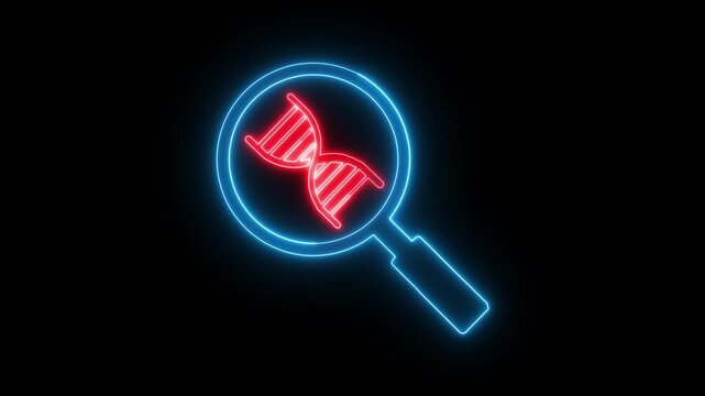 DNA analysis icon with magnifying glass. Genetics research and biotechnology concept for medical science and laboratory technology.