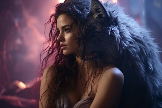 Young Woman with Wolf in Dramatic Fantasy Portrait