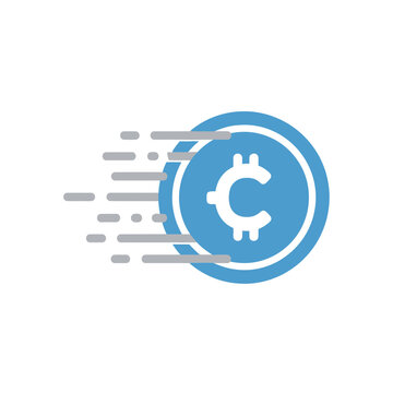 A blue coin with a white symbol and motion lines.