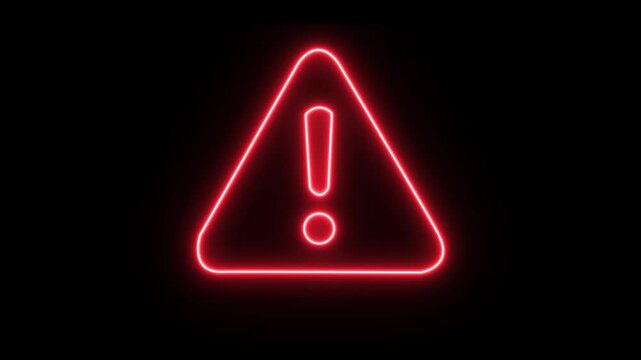 Red Neon Warning Triangle Exclamation Mark Symbol Glowing on Black Background Cinematic Motion