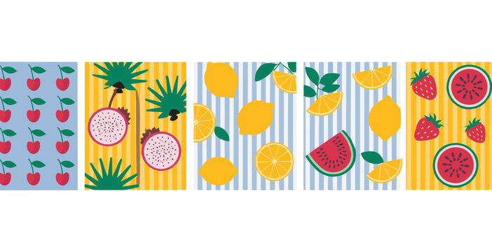 Colorful fruit patterns on striped backgrounds with cherries lemons watermelon and strawberries Keywords: fruit, pattern
