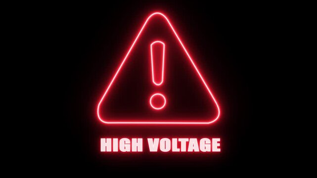 Glowing Red Neon High Voltage Warning Sign with Exclamation Mark on Black Background Cinematic Motion