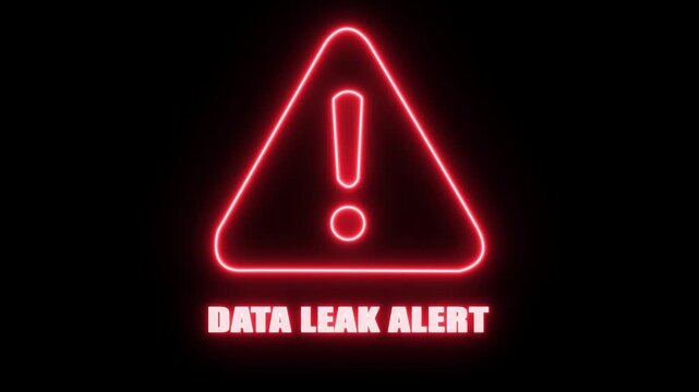 Red Neon Exclamation Mark Warning Sign Flashing Data Leak Alert on Black Background Cinematic Motion