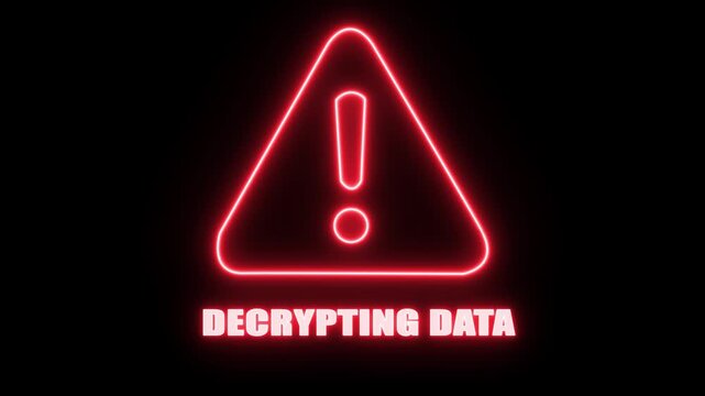 Red Neon Warning Sign Decrypting Data Animation with Alert Symbol and Text on Black Background Cinematic Motion Stock Footage