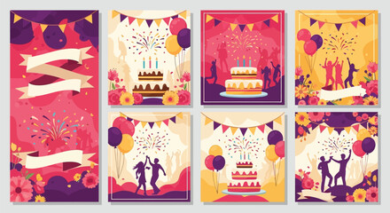 A collection of vibrant, festive illustrations for celebrations, featuring cakes, balloons, confetti, and dancing silhouettes, perfect for party invitations or greeting cards. © Terra
