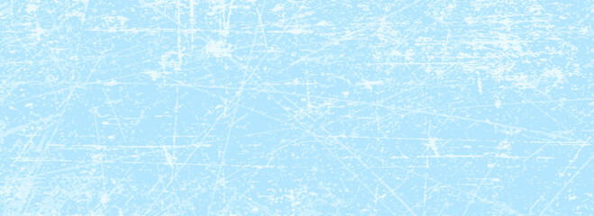 Scratched ice surface texture. Blue ice background with skate traces, cracks, scratches. Rough winter sport rink backdrop. Frozen lake or pond water wallpaper with dots, spot and lines.  © Selviana
