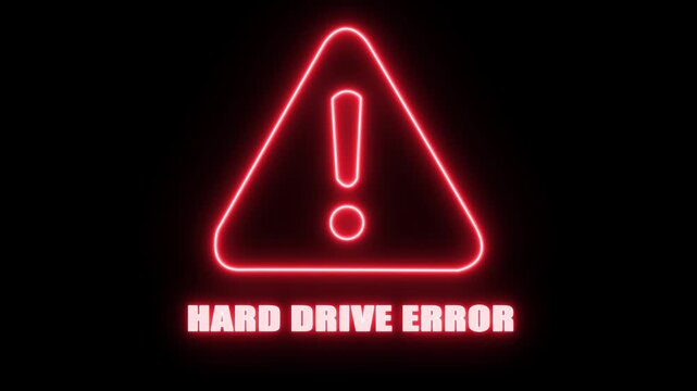 Red Neon Warning Sign with Hard Drive Error Text Flashing on Black Background Cinematic Motion