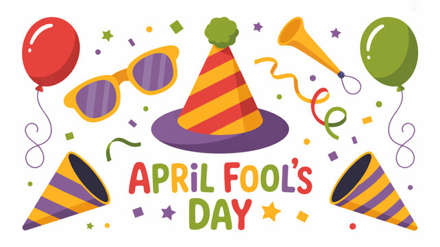 Colorful april fool's day celebration graphic with party hat balloons and confetti on white background
