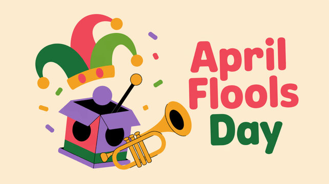 April fools' day celebration with colorful jester hat and trumpet on beige background
