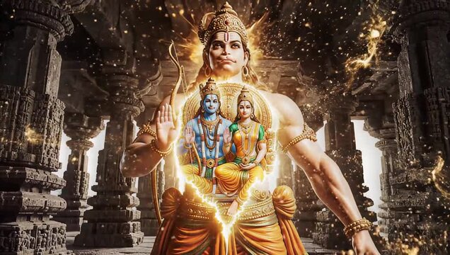 Lord Hanuman Revealing Rama and Sita in Chest Cinematic Art