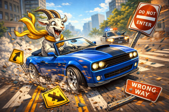 Funny cartoon goat driving a blue convertible car at high speed through a city street while smashing road signs and breaking traffic rules. 
