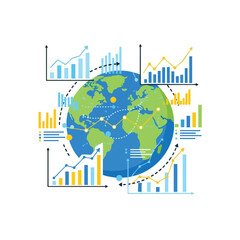 Fototapeta premium World map with multiple financial charts and rising arrows