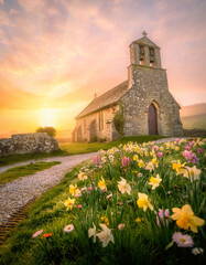 Beautiful Easter Sunday Background with Cross, Spring Flowers and Sunrise Light &ndash; Christian Resurrection Celebration