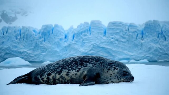 A leopard seal resting on ice in front of a glacier with a serene and icy mood.