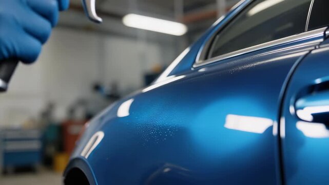 Close up of professional car painting with spray gun applying blue paint in auto body shop