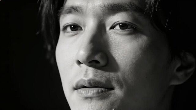 Close up portrait of thoughtful young Asian man with natural skin texture in black and white