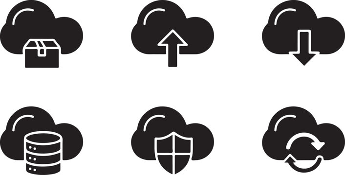 Six black cloud with different symbols representing data storage, upload, download, database, security, and syncing
