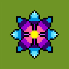 Naklejka premium Colorful Geometric Mandala Pixel Art Ornament Icon, Retro 8 Bit Symmetrical Decorative Design Illustration