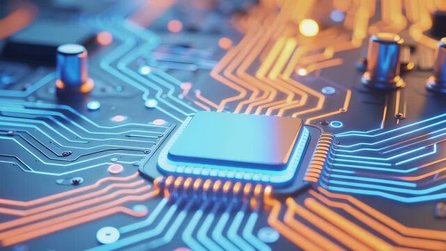 Close up of modern computer microchip with glowing circuit board and electronic pathways