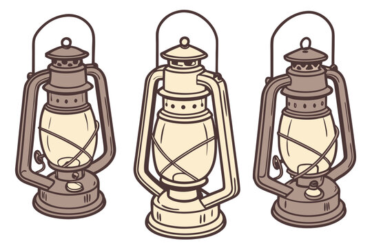 A set of three vintage lanterns in a minimalist line art style illustration