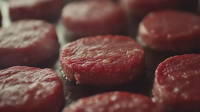 Close up of raw beef patties arranged in rows for cooking.