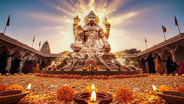 Divine Lord Hanuman Statue in Temple with Oil Lamps and Flowers