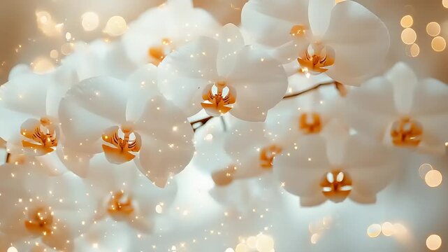 Close up of delicate white orchids with golden bokeh lights.