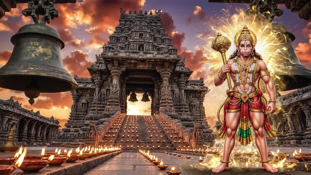 Lord Hanuman with Mace at Ancient Hindu Temple During Hanuman Jayanti