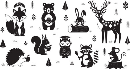 Obraz premium Black and white forest animals with various creatures and