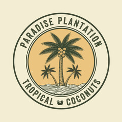 Obraz premium Vintage circular emblem featuring palm trees and coconuts on waves