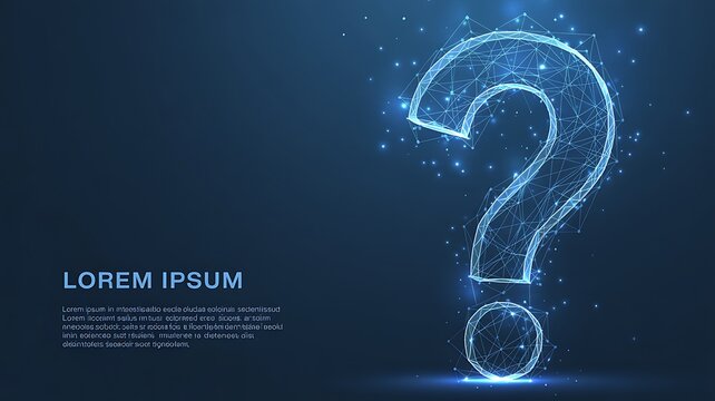 A digital illustration of a glowing blue question mark appears prominently