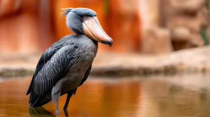 Fototapeta premium close-up of a shoebill bird standing in shallow water with a blurred natural background.