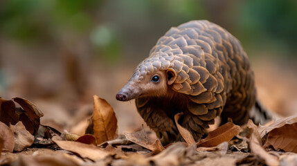 Obraz premium close-up of a pangolin walking on dry leaves, showcasing its unique scales and natural habitat with a blurred green and brown background.