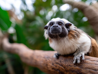  small tamarin monkey perched on a tree branch, gazing intently with a blurred green natural background.