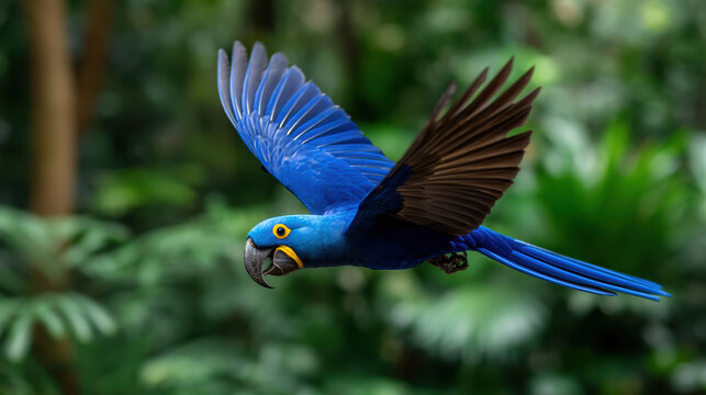 vibrant blue macaw is captured mid-flight against a lush green forest background.
