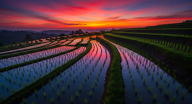 Vibrant sunrise over lush green terraced rice fields reflecting the colorful sky in a stunning landscape.