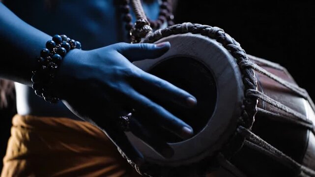 Close-up of a person's hand on a drum with beads in a dark setting.