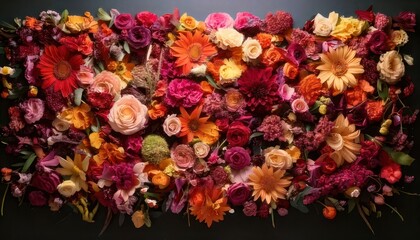 Fototapeta premium Vibrant floral arrangement featuring roses, gerberas, and other colorful blooms.