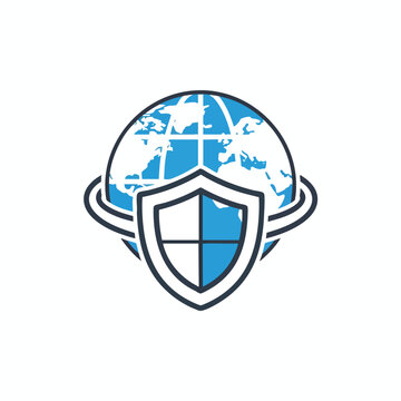 Blue and white globe behind a segmented shield symbol