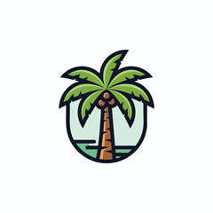 Obraz premium Stylized palm tree logo with coconuts on blue water, simple, clean, tropical