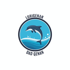 Fototapeta premium Blue dolphin leaps through waves within a circular emblem with text